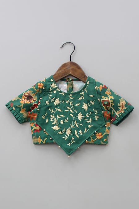 Little Brats_Green Maheshwari, Cotton Embroidery Lehenga With Panel Blouse _Online_at_Aza_Fashions