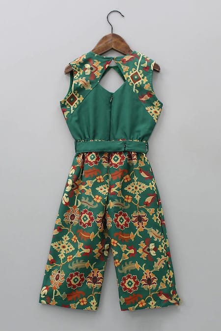 Shop Little Brats Green Maheshwari, Cotton Embroidery Floral Jaal Print Jumpsuit With Bag Belt at Aza Fashions Shop_Little Brats_Green Maheshwari, Cotton Embroidery Floral Jaal Print Jumpsuit With Bag Belt _at_Aza_Fashions