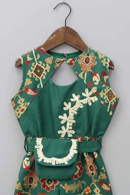 Little Brats Green Maheshwari, Cotton Embroidery Floral Jaal Print Jumpsuit With Bag Belt Online at Aza Fashions Little Brats_Green Maheshwari, Cotton Embroidery Floral Jaal Print Jumpsuit With Bag Belt _Online_at_Aza_Fashions