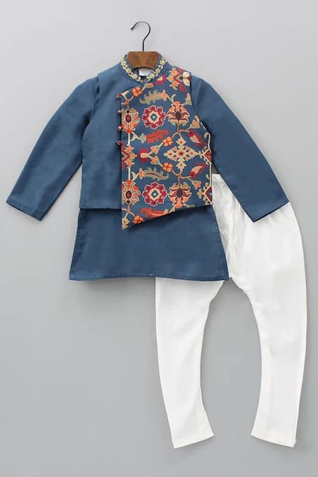 Little Brats Blue Cotton Silk Printed Floral Blossom Vine Bundi Kurta Set 