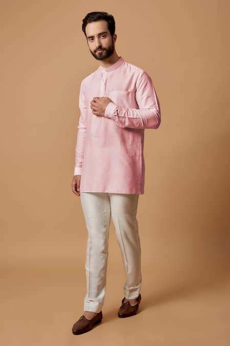 BUBBER COUTURE Pink Cotton Silk Plain Aaday Pintuck Shirt Kurta 