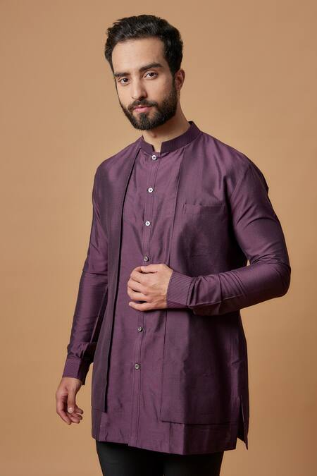 Bubber Couture Wine Cotton, Silk Aryaman Pintuck Shirt Kurta Online at Aza Fashions Bubber Couture_Wine Cotton, Silk Aryaman Pintuck Shirt Kurta _Online_at_Aza_Fashions