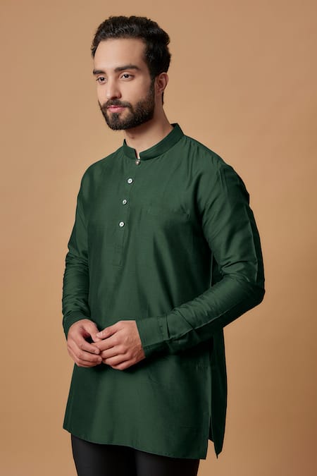 Bubber Couture_Green Cotton, Silk Atharva Pintuck Full Sleeve Shirt Kurta _Online_at_Aza_Fashions