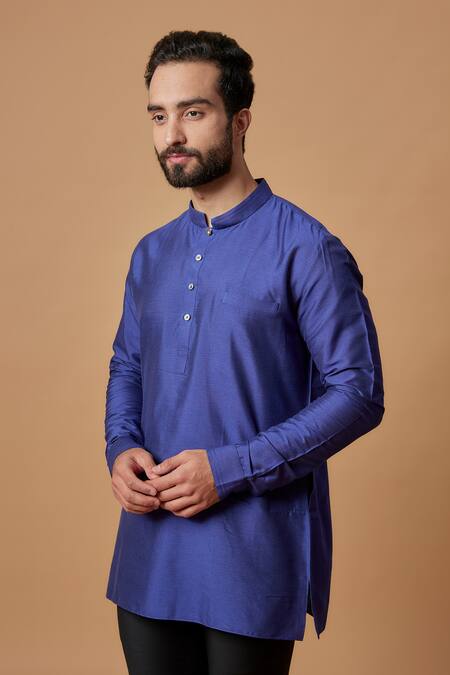 Bubber Couture_Blue Cotton Silk Plain Ayaan Kurta _Online_at_Aza_Fashions