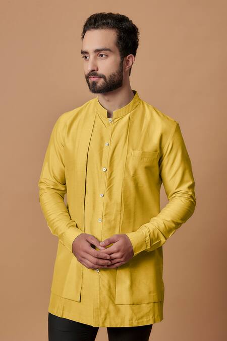 Bubber Couture Yellow Cotton, Silk Ehsaan Shirt Kurta Online at Aza Fashions Bubber Couture_Yellow Cotton, Silk Ehsaan Shirt Kurta _Online_at_Aza_Fashions
