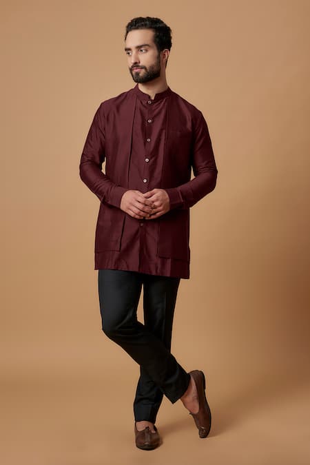 BUBBER COUTURE Maroon Cotton Silk Plain Jairaj Layered Shirt Kurta 