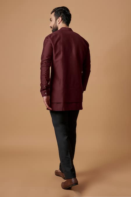 Shop Bubber Couture Maroon Cotton, Silk Jairaj Layered Shirt Kurta at Aza Fashions Shop_Bubber Couture_Maroon Cotton, Silk Jairaj Layered Shirt Kurta _at_Aza_Fashions