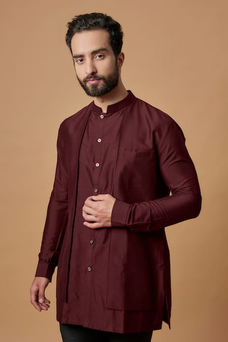 Bubber Couture Maroon Cotton, Silk Jairaj Layered Shirt Kurta Online at Aza Fashions Bubber Couture_Maroon Cotton, Silk Jairaj Layered Shirt Kurta _Online_at_Aza_Fashions