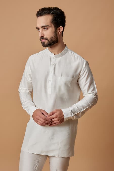 Bubber Couture_Off White Cotton, Silk Jeh Pintuck Shirt Kurta _Online_at_Aza_Fashions