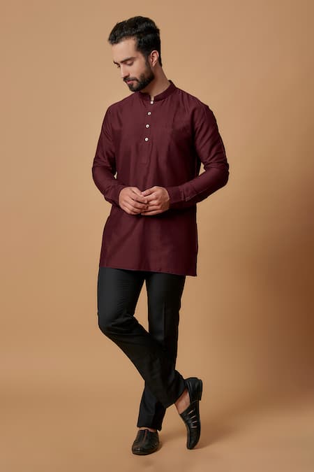 BUBBER COUTURE Maroon Cotton Silk Plain Mahir Pintuck Shirt Kurta 