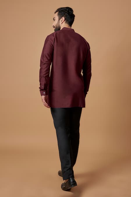 Shop Bubber Couture Maroon Cotton, Silk Mahir Pintuck Shirt Kurta at Aza Fashions Shop_Bubber Couture_Maroon Cotton, Silk Mahir Pintuck Shirt Kurta _at_Aza_Fashions