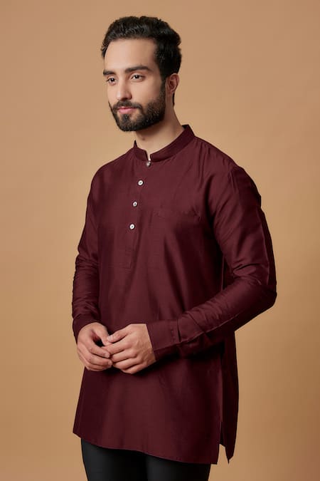 Bubber Couture Maroon Cotton, Silk Mahir Pintuck Shirt Kurta Online at Aza Fashions Bubber Couture_Maroon Cotton, Silk Mahir Pintuck Shirt Kurta _Online_at_Aza_Fashions