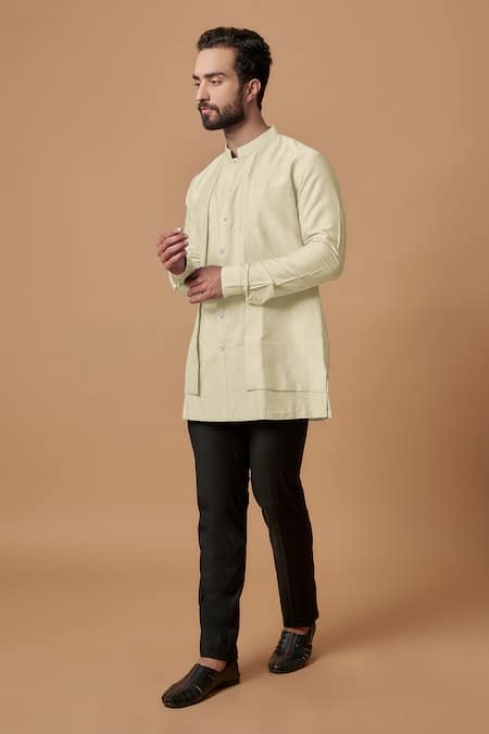 BUBBER COUTURE Beige Cotton Silk Plain Nakul Pintuck Shirt Kurta 