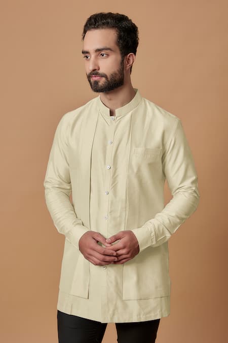 Bubber Couture_Beige Cotton, Silk Nakul Pintuck Shirt Kurta _Online_at_Aza_Fashions