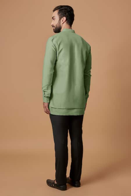 Shop Bubber Couture Green Cotton, Silk Pranav Layered Shirt Kurta at Aza Fashions Shop_Bubber Couture_Green Cotton, Silk Pranav Layered Shirt Kurta _at_Aza_Fashions