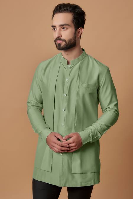 Bubber Couture Green Cotton, Silk Pranav Layered Shirt Kurta Online at Aza Fashions Bubber Couture_Green Cotton, Silk Pranav Layered Shirt Kurta _Online_at_Aza_Fashions