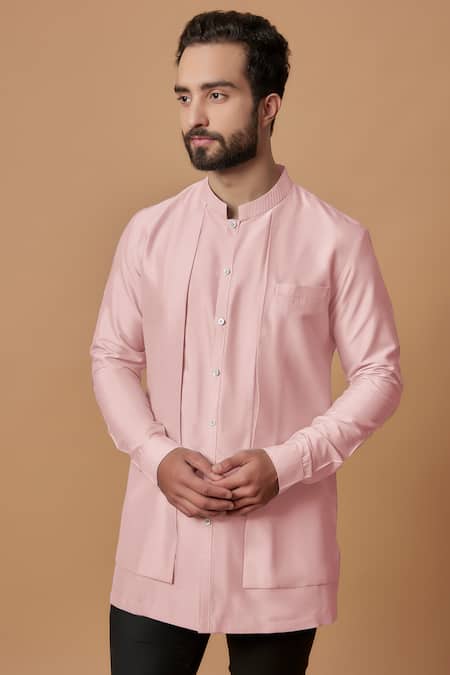 Bubber Couture Pink Cotton, Silk Ranbir Layered Shirt Kurta Online at Aza Fashions Bubber Couture_Pink Cotton, Silk Ranbir Layered Shirt Kurta _Online_at_Aza_Fashions