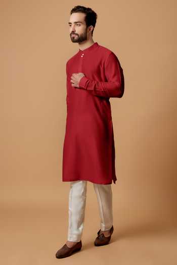Buy Bubber Couture Red Cotton, Silk Rudra Straight Kurta Set at Aza Fashions Buy_Bubber Couture_Red Cotton, Silk Rudra Straight Kurta Set _at_Aza_Fashions