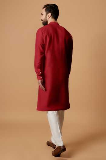 Shop Bubber Couture Red Cotton, Silk Rudra Straight Kurta Set at Aza Fashions Shop_Bubber Couture_Red Cotton, Silk Rudra Straight Kurta Set _at_Aza_Fashions