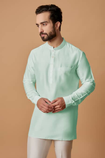 Bubber Couture_Green Cotton, Silk Ryan Pintucked Mandarin Collar Kurta _Online_at_Aza_Fashions