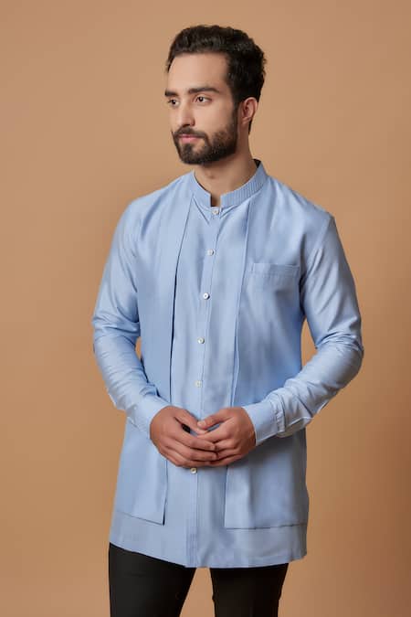 Bubber Couture_Blue Cotton, Silk Embroidery Sahir Plain Layered Short Kurta _Online_at_Aza_Fashions