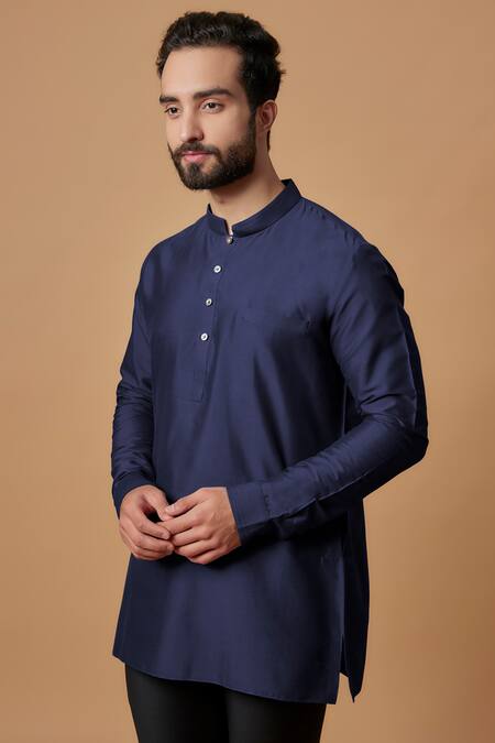 Bubber Couture_Blue Cotton, Silk Shaan Pintucked Mandarin Collar Kurta _Online_at_Aza_Fashions