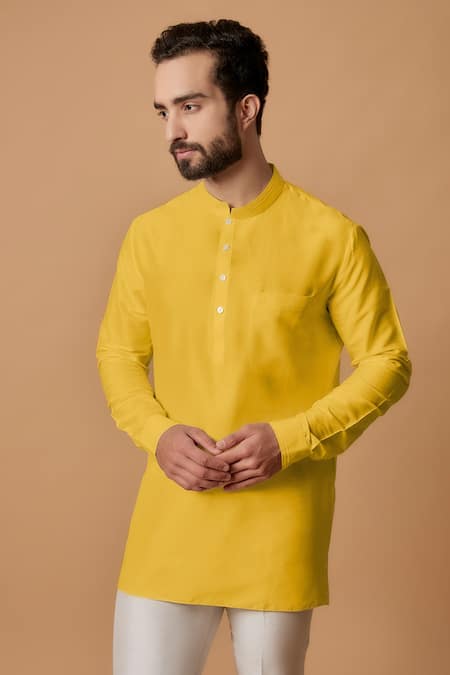 Bubber Couture_Yellow Cotton, Silk Shlok Pintucked Mandarin Collar Kurta _Online_at_Aza_Fashions