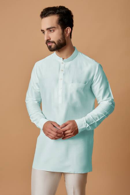 Bubber Couture_Blue Cotton, Silk Sid Pintucked Mandarin Collar Kurta _Online_at_Aza_Fashions