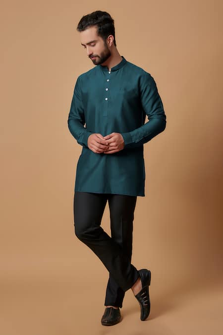 BUBBER COUTURE Blue Cotton Silk Plain Tanish Pintucked Mandarin Collar Kurta 