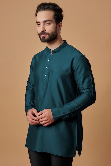 BUBBER COUTURE Blue Cotton Silk Plain Tanish Pintucked Mandarin Collar Kurta  3