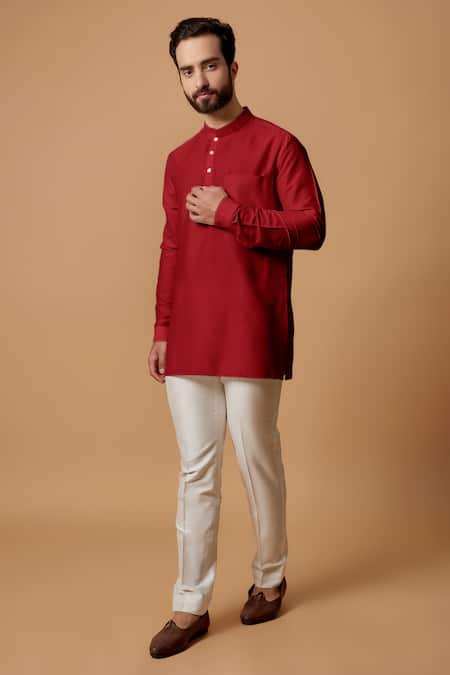 BUBBER COUTURE Red Cotton Silk Plain Virat Pintucked Mandarin Collar Kurta 