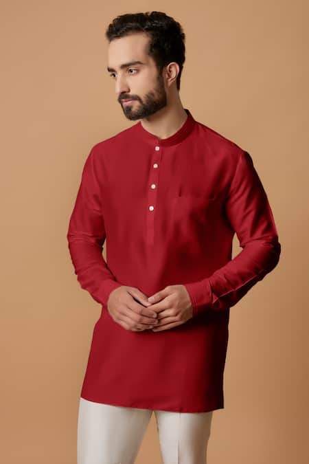 Bubber Couture_Red Cotton, Silk Virat Pintucked Mandarin Collar Kurta _Online_at_Aza_Fashions