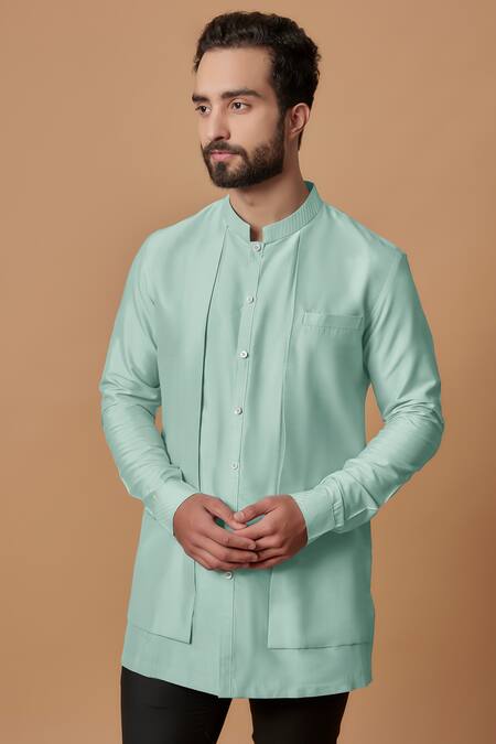 BUBBER COUTURE Green Cotton Silk Embroidered Thread Work Zahan Plain Layered Short Kurta  3