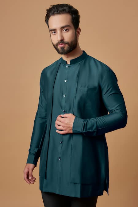 Bubber Couture_Blue Cotton, Silk Embroidery Zahir Plain Layered Short Kurta _Online_at_Aza_Fashions