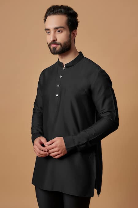 Bubber Couture_Black Cotton, Silk Zaid Pintucked Mandarin Collar Kurta _Online_at_Aza_Fashions