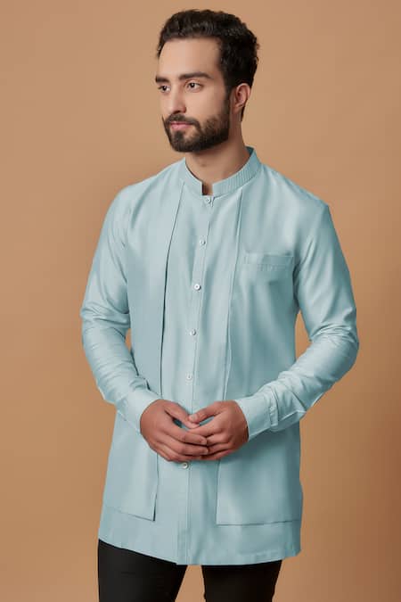 Bubber Couture_Blue Cotton Satin Embroidery Zayan Plain Layered Short Kurta _Online_at_Aza_Fashions