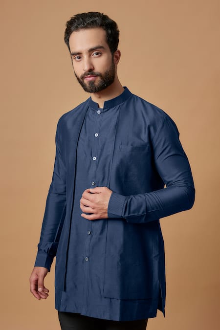Bubber Couture_Blue Cotton, Silk Embroidery Zeshan Plain Layered Short Kurta _Online_at_Aza_Fashions