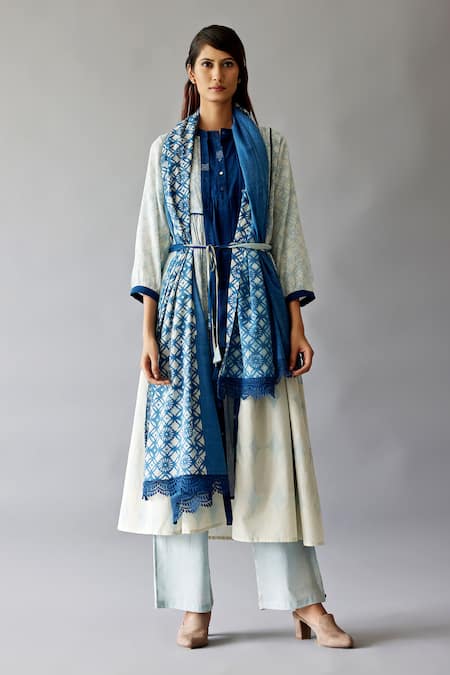 Shop_JAYATI GOENKA_Blue Cotton Lace Open Neck Hand Block Printed Overlay Pant Set _Online_at_Aza_Fashions