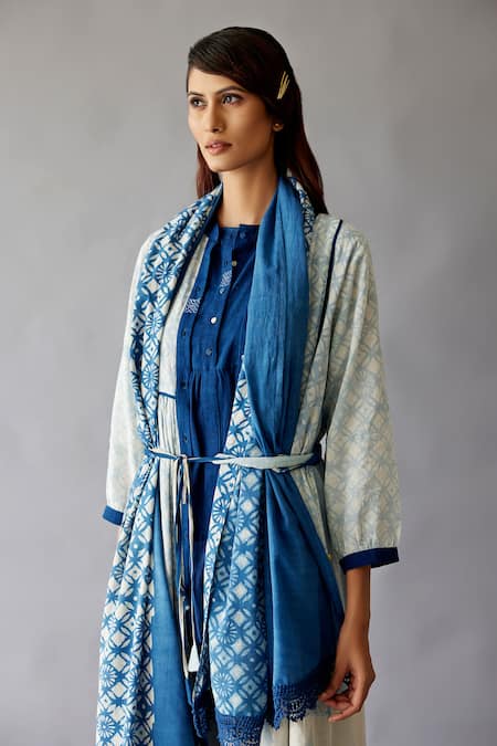 JAYATI GOENKA_Blue Cotton Lace Open Neck Hand Block Printed Overlay Pant Set _at_Aza_Fashions