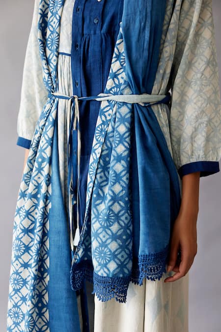 Buy_JAYATI GOENKA_Blue Cotton Lace Open Neck Hand Block Printed Overlay Pant Set 