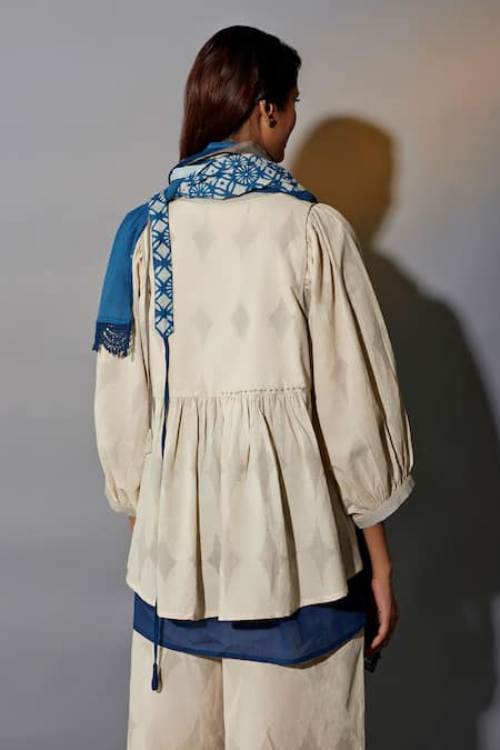 Buy JAYATI GOENKA Beige Cotton Lace Mandarin Diamond Hand Block Print Ruffle Top Palazzo Set Online at Aza Fashions Buy_JAYATI GOENKA_Beige Cotton Lace Mandarin Diamond Hand Block Print Ruffle Top Palazzo Set _Online_at_Aza_Fashions