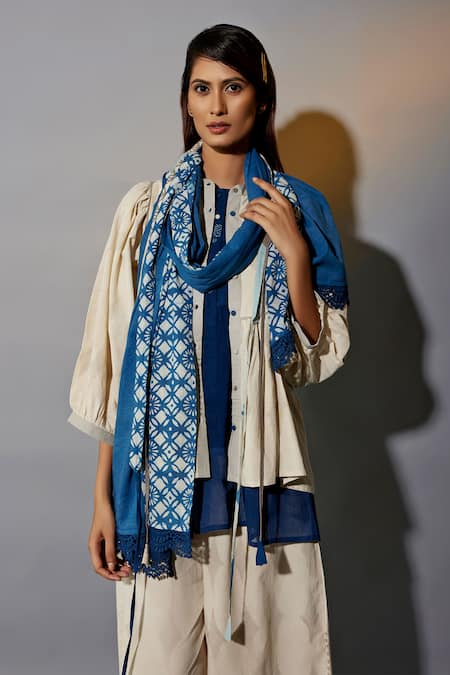 Shop JAYATI GOENKA Beige Cotton Lace Mandarin Diamond Hand Block Print Ruffle Top Palazzo Set Online at Aza Fashions Shop_JAYATI GOENKA_Beige Cotton Lace Mandarin Diamond Hand Block Print Ruffle Top Palazzo Set _Online_at_Aza_Fashions