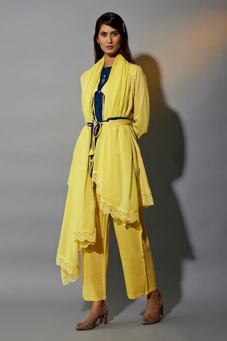 JAYATI GOENKA_Yellow Cotton Tassels, Lace Mandarin Collar Border Embellished Angrakha Pant Set _Online_at_Aza_Fashions