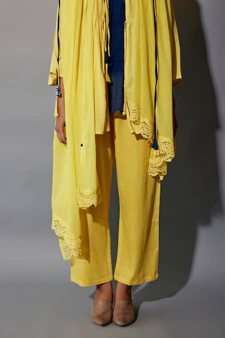 Buy_JAYATI GOENKA_Yellow Cotton Tassels, Lace Mandarin Collar Border Embellished Angrakha Pant Set _Online_at_Aza_Fashions