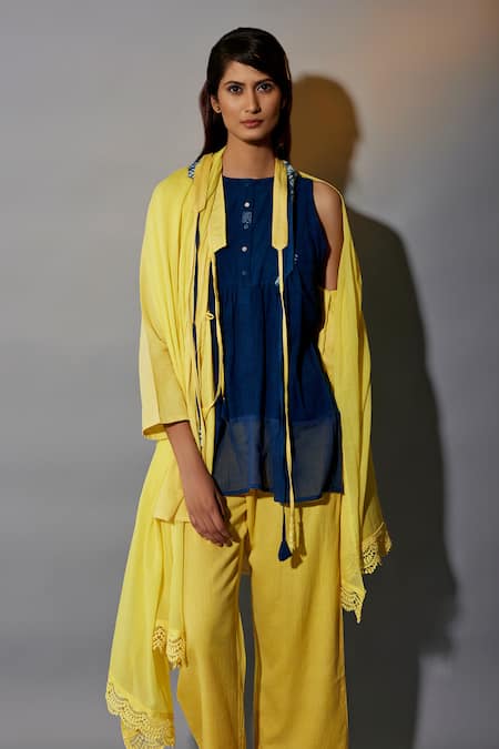 Shop_JAYATI GOENKA_Yellow Cotton Tassels, Lace Mandarin Collar Border Embellished Angrakha Pant Set _Online_at_Aza_Fashions