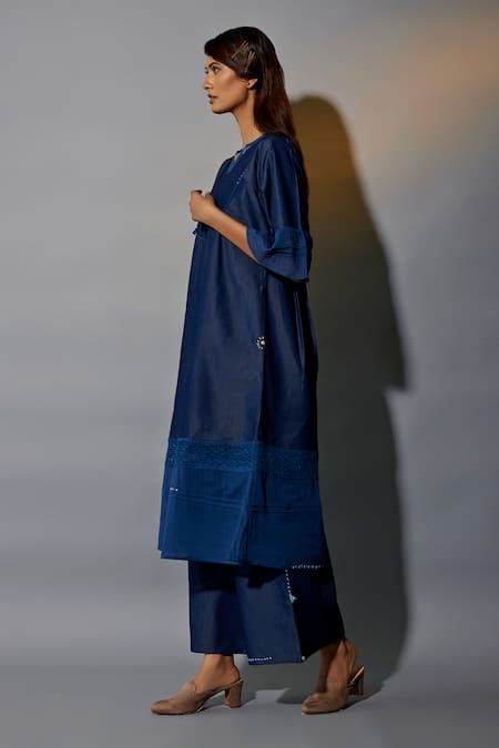 JAYATI GOENKA_Blue , Satin Embroidery Cord Border Anarkali And Palazzo Set _Online_at_Aza_Fashions