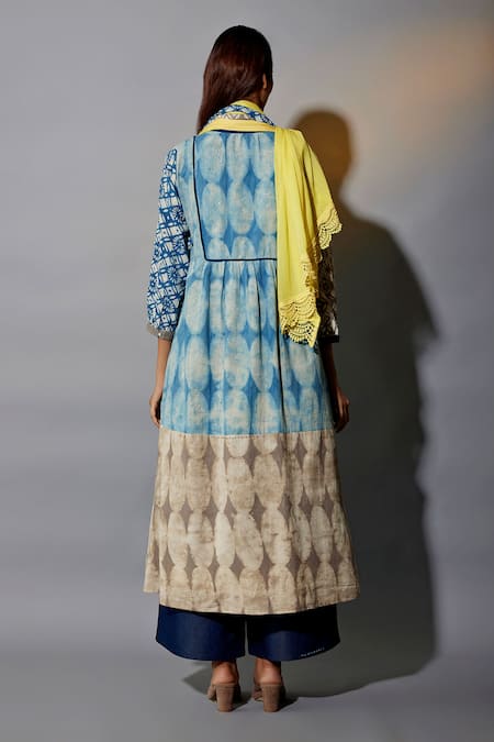 Shop JAYATI GOENKA Brown Cotton Lace Mandarin Geometric Hand Block Printed Overlay Flared Pant Set at Aza Fashions Shop_JAYATI GOENKA_Brown Cotton Lace Mandarin Geometric Hand Block Printed Overlay Flared Pant Set _at_Aza_Fashions