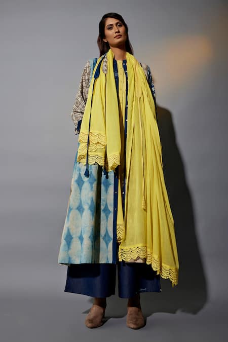 Shop JAYATI GOENKA Brown Cotton Lace Mandarin Geometric Hand Block Printed Overlay Flared Pant Set Online at Aza Fashions Shop_JAYATI GOENKA_Brown Cotton Lace Mandarin Geometric Hand Block Printed Overlay Flared Pant Set _Online_at_Aza_Fashions