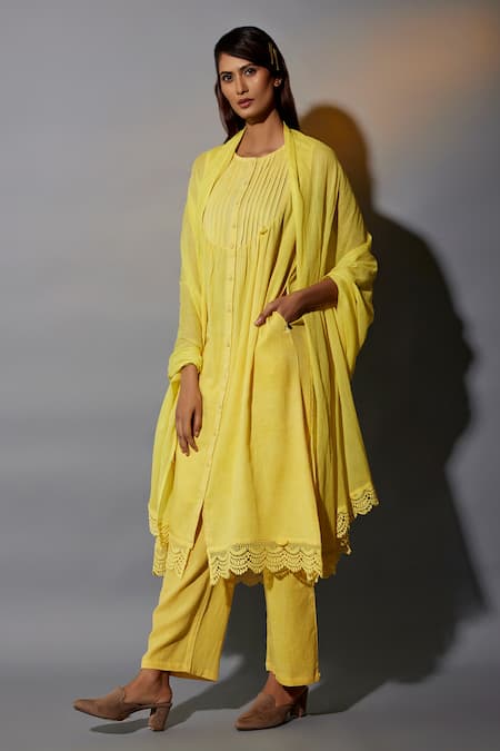 JAYATI GOENKA Yellow , Satin Lace Round Neck Border Embellished Anarkali Set