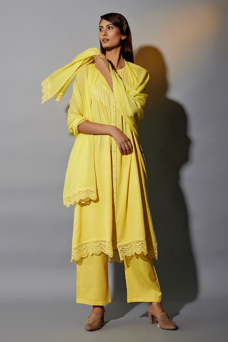 JAYATI GOENKA Yellow , Satin Lace Round Neck Border Embellished Anarkali Set Online at Aza Fashions JAYATI GOENKA_Yellow , Satin Lace Round Neck Border Embellished Anarkali Set _Online_at_Aza_Fashions